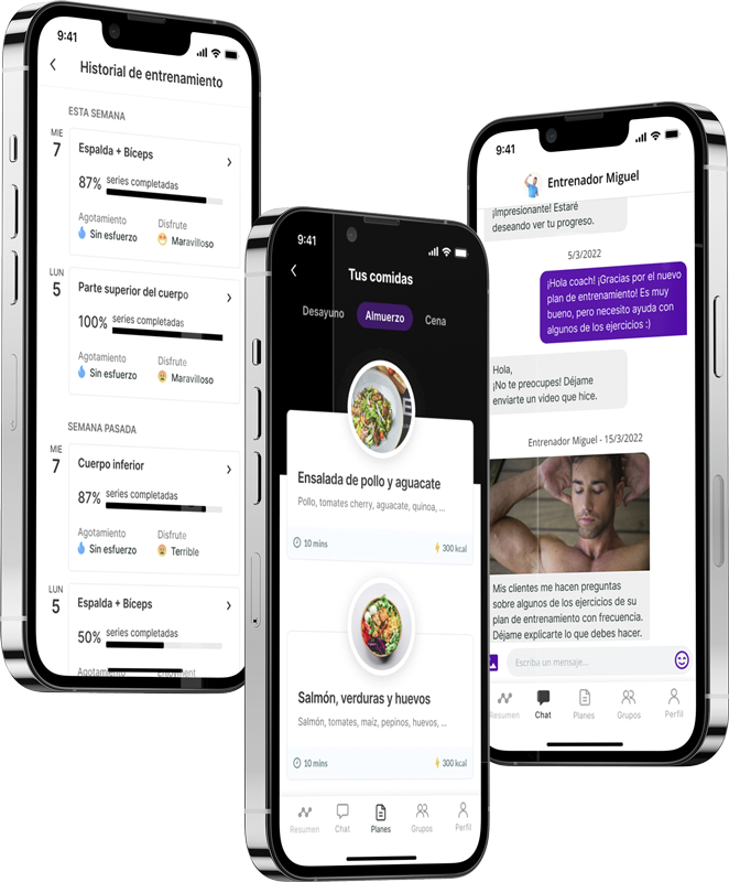 Un mockup de la app de coaching mostrando las funciones.